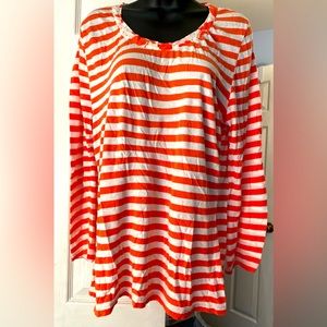 Women's Coldwater Creek Size M Coral/White Striped Shirt Long Sleeve Cotton